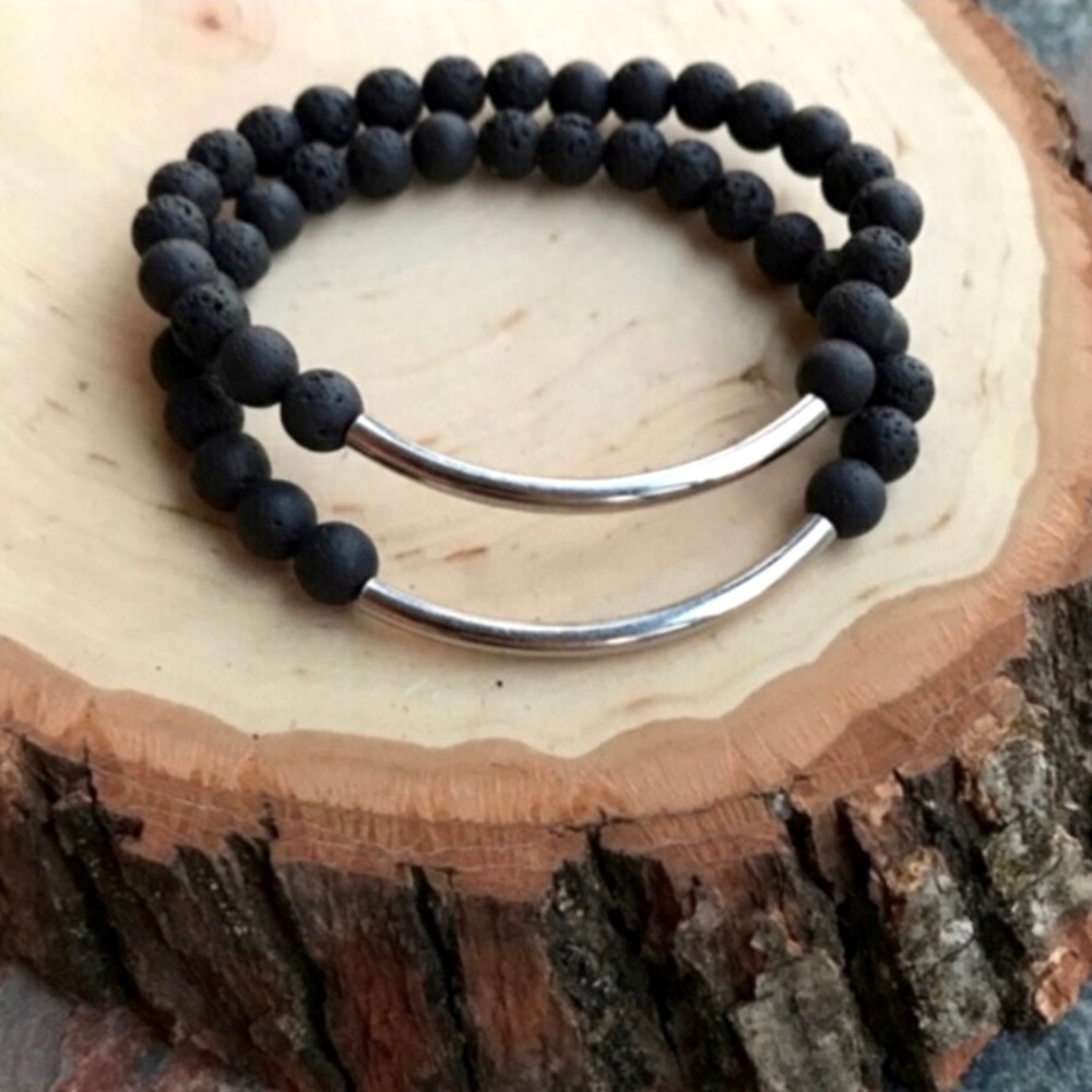 Genuine lava rock oil diffuser bar bracelets set of 2